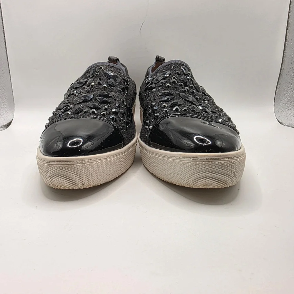 Karl Lagerfeld Paris Crystal Embellished Slip On Sneakers Black Patent Toe 8N